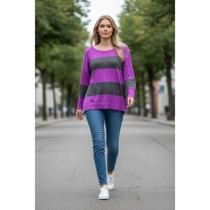 Rock & Republic Glittery Sweater Womens Small Purple Grey Striped Long Sleeve